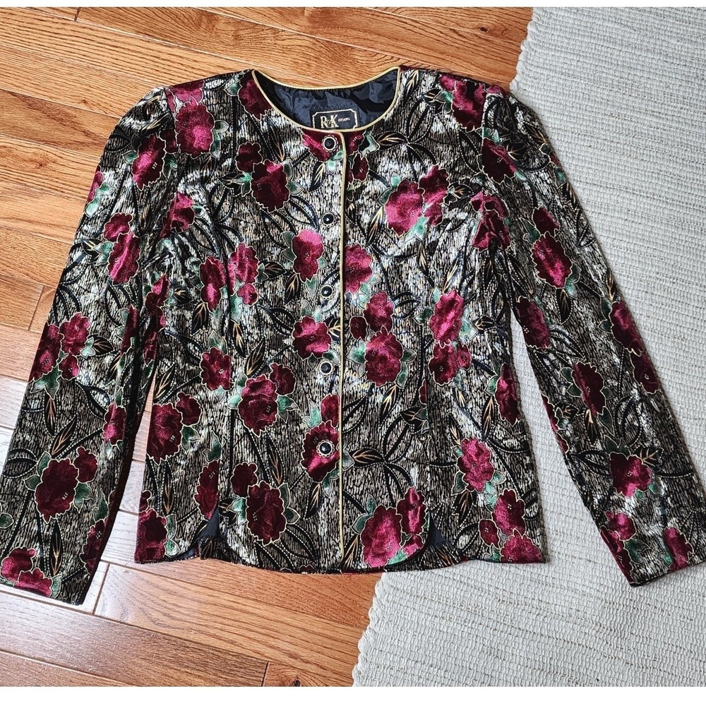 Vintage Velvet Floral Blazer Burgundy Gold Black Button Up Shoulder Pads Prep 8